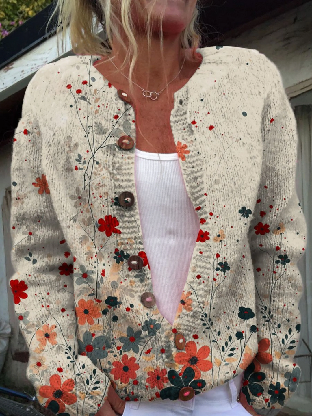 Florienne | Women's Floral Print Open Front Cardigan - Cream - Image 1