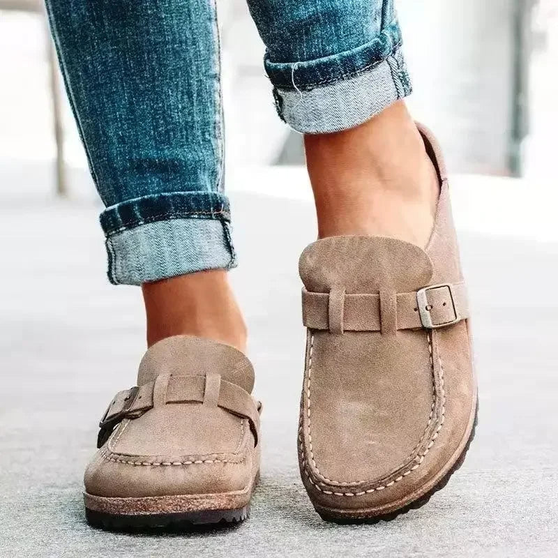 Orvelle | Women's Suede Buckle Loafers - Brown - Image 2